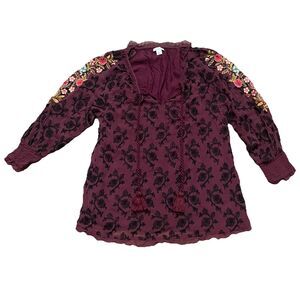 Sundance Gemma Elegance Women’sFloral Burgundy Embroidered Top Size Large